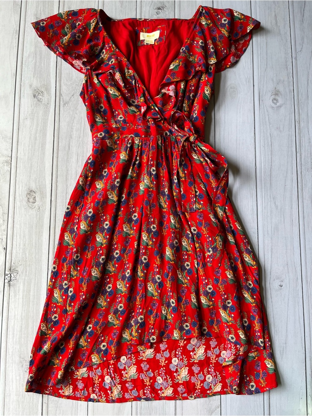 Anthropologie Maeve Rosalia red floral faux wrap ruffle v neck dress . Size 0P - Picture 6 of 14